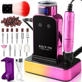 Professional Electric Nail Drill, 45000 RPM Cordless Rechargeable E-File Machine, With 12 Bits, Sanding Bands, LCD Display For Acrylic Gel Nails (Option: Pink)